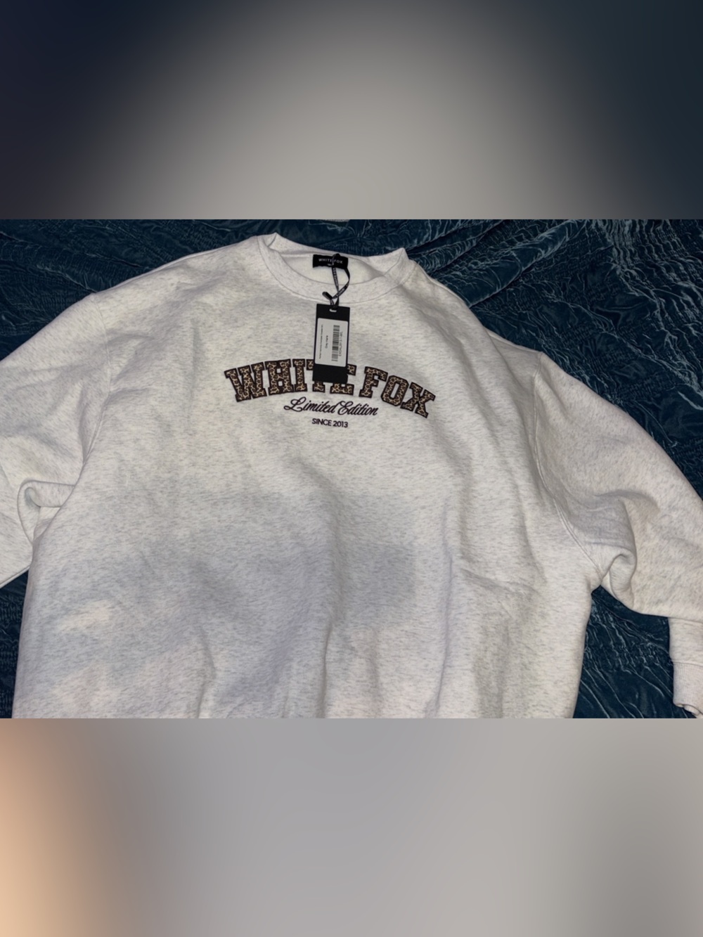 White Fox Boutique Light Heather Gray Crewneck Sweater with Leopard Logo